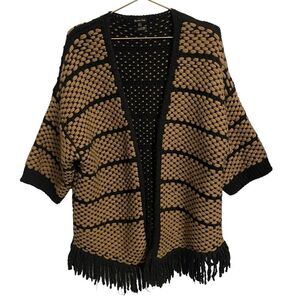 Massimo Dutti Italian Yarn Wool Blend Fringed Black Tan 3/4 Sleeve Cardigan S